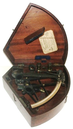 Late 19th century sextant in original mahogany case. Made by W.H. Meralee, North Shields and sold by James Imray & Son, London, lattic frame, silver scale and a vernier with a magnifier to assist scale readings, three telescopes, six sun-filters and containing also a separate magnifying glass. 