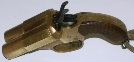Early 20th century Swedish Navy double-barreled flare gun. Crown-marked and with inscription how to handle. Made of brass. 