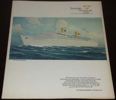 Friday, October 1st 1965 luncheon menu from the passenger liner M/S Kungsholm (Swedish American Line) inserted in a folder depicting the vessel built in 1953. 
