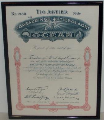 Swedish insurance company OCEAN share certificate dated Gothenburg June 30. 1917.