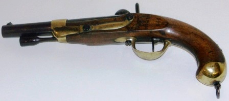 19th century French caplock/percussion pistol, model 1811 (manufactured between 1822-1849.). Made by Manufacture Royal de Mauberg. 