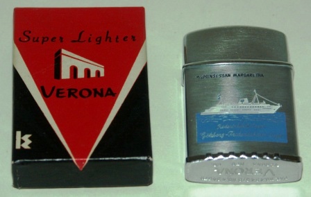 Mid 20th century pocket lighter from the M/S PRINSESSAN MARGARETHA, Rederiaktiebolaget Göteborg - Frederikshavn Linjen (GFL). 