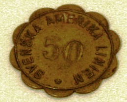 "50 öre check", made in brass with inscriptions Svenska Amerika Linien (Swedish American Line/SAL). Early 20th century, made by Sporrong & Co Stockholm.