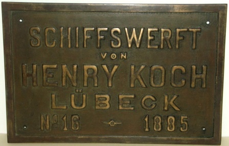 Late 19th century German shipyard plate made of brass. From ship No 16, built by Schiffswerft "Henry Koch", Lübeck in 1885. 