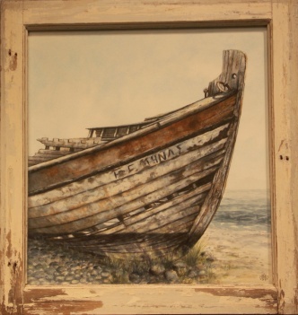 A Mediterranean boat wreck on the Greek island Patmos. Framed with one of the wrecks original wheel-house windows. 