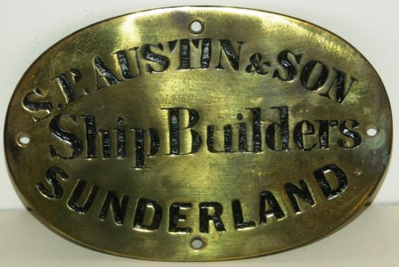 Early 20th century salvaged brass shipyard plate, from a vessel built by S.P. Austin & Son Ship Builders, Sunderland.