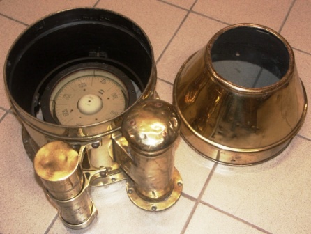 Early 20th century brass binnacle top, complete with compass made by Sestrel (Kerosene lamp missing).
