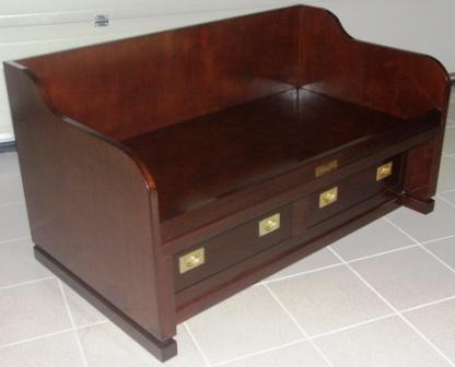 1950's 2-seat sofa in mahogany from the Italian liner M/N G. Verdi. 2 drawers with brass handles.