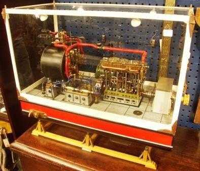 20th century individually built functional triple steam engine model, powered by steam or compressed air. Complete with boiler. Glass cased. 