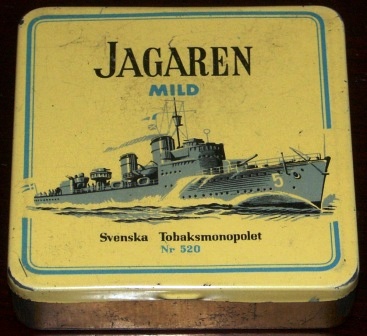 Early 20th century tin jar for cigarettes from "Svenska Tobaksmonopolet", decorated with a Swedish destroyer.