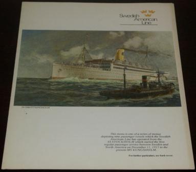 Friday March 28, 1975 dinner menu from the passenger liner M/S Kungsholm (Swedish American Line). Front page depicting the T/S Drottningholm built in 1905 as "the Virginian", purchased and renamed by SAL in 1920.