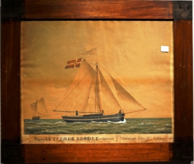 "Jagten DE TVENDE BRÖDRE tilhörende Kjöbmand Chr. H. Nielsen". Depicting the Danish yacht De Tvende Brödre owned by merchant Chr. H. Nielsen.