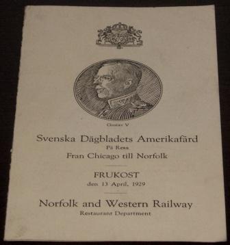 Illustrated leaflet and breakfast meny covering the tour between Chicago and Norfolk on April 13, 1929. 