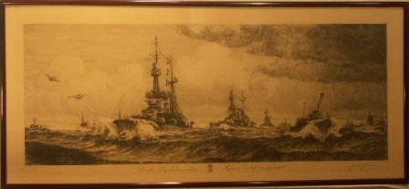 Svenska Örlogsflottan under Konung Gustaf V:s regeringstid. Depicting the battle-ship HM SVERIGE-HM ÄRAN-HM MANLIGHETEN. 20th Century engraving.