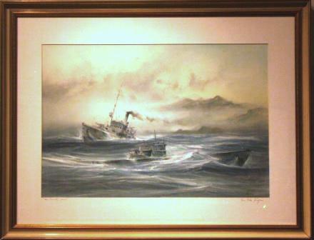 German gun-boat and submarine operating in the North Atlantic. 20th Century Watercolour/gouache.