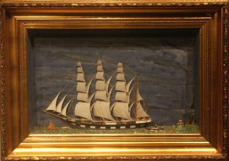 Late 19th century sailor-made diorama depicting the Swedish four-masted barque ADA together with pilot and tug boats. 