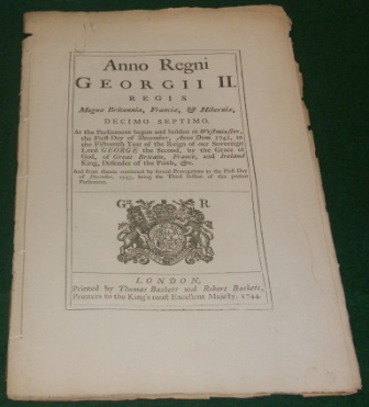 An Act held at Westminster Parliament on October 19th 1721, based on previous sessions held 1714, regarding "the more effectual SupAn Act held at Westminster Parliament on December 5th 1743, based on previous sessions held 1741, regarding "better Encouragement of Seamen in His Majesty's Service, and Privateers, to annoy the Enemy."