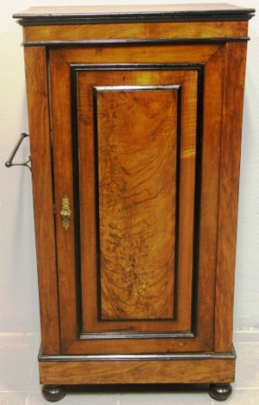 Wash cabinet made in different kind of stained hardwoods. With porcelain basin and small brass tap. Incl towel rail and water container. Wastewater bucket missing.