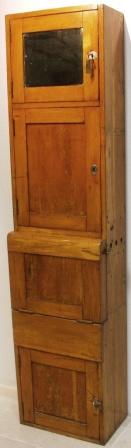 Wash cabinet in oak from officers cabin onboard the Swedish two-masted sail-training brigg FALKEN dated 1877. Wash compartment dressed with stainless steel, complete with chrome-plated tap and porcelain basin. Top lid with mirror and ships history on reverse side. Incl original key. Wastewater bucket missing. 