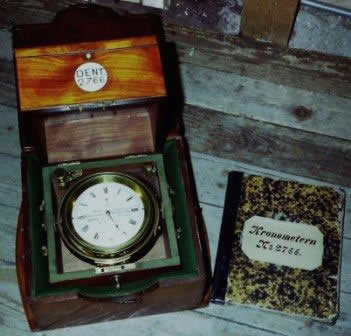 19th century Dent two-day marine chronometer No 2766, mounted in brass gimbals within an ebony case. Ebony case fitted with brass carrying handles and brass inlays. Incl transportation box and logbook. Logbook listing 11 different Swedish naval ships and their voyages between 1868 and 1939. 