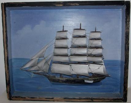 Early 20th century sailor-made diorama depicting the full-rigged Swedish ship IRIS. Signed R. Sandgren 15/4 1903. 