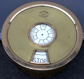 20th century Chadburn's ship telegraph as used by the Navy. Sequence of orders: Stop, increase, steady, decrease, gas alarm, full, stop smoke, gas clear, make smoke. Made of copper and brass. 