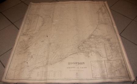 "HOOFDEN MED STRAEDET VED CALAIS EFTER DE ALLERNYESTE, ISAER ENGELSKE OPMAALINGER". Danish nautical chart covering the continental coast from Boulogne (France) to Terschelling (The Netherlands) and the British coast from Dungeness to Wells.