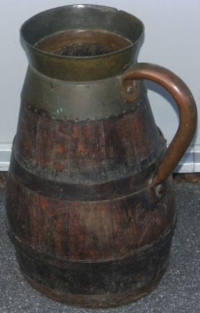 Large 19th century wooden jar, dressed with copper and brass