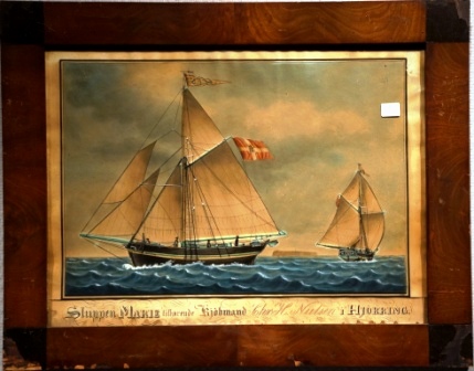 "Sluppen MARIE tilhörende Kjöbmand Chr. H. Nielsen i Hjörring". Depicting the Danish sloop Marie of Løkken 1839 (from behind and from the side), owned by merchant Chr. H. Nielsen of Hjörring (Denmark). 