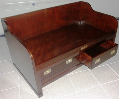 1950's 2-seat sofa in mahogany from the Italian liner M/N G. Verdi. 2 drawers with brass handles.