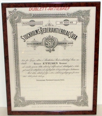 Swedish shipping company STOCKHOLMS REDERIAKTIEBOLAG SVEA share certificate.