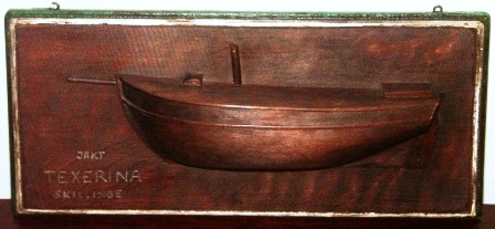 Texerina, built in Höganäs 1847, dismantled in Borgholm 1934. Carved wooden half-block model; Length 25cm, width 12cm