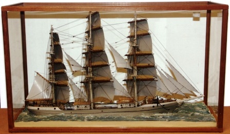 20th century sailor-made waterline-model. Depicting the fullrigged Swedish ship VANADIS of Söderhamn. Mounted in origianal case. Signed Hugo Wernbøe 1930.